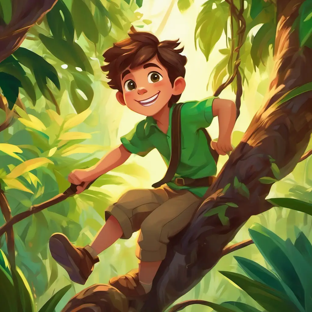 Energetic boy, brown hair, bright green eyes, always smiling climbing trees, roaring, and meeting jungle animals