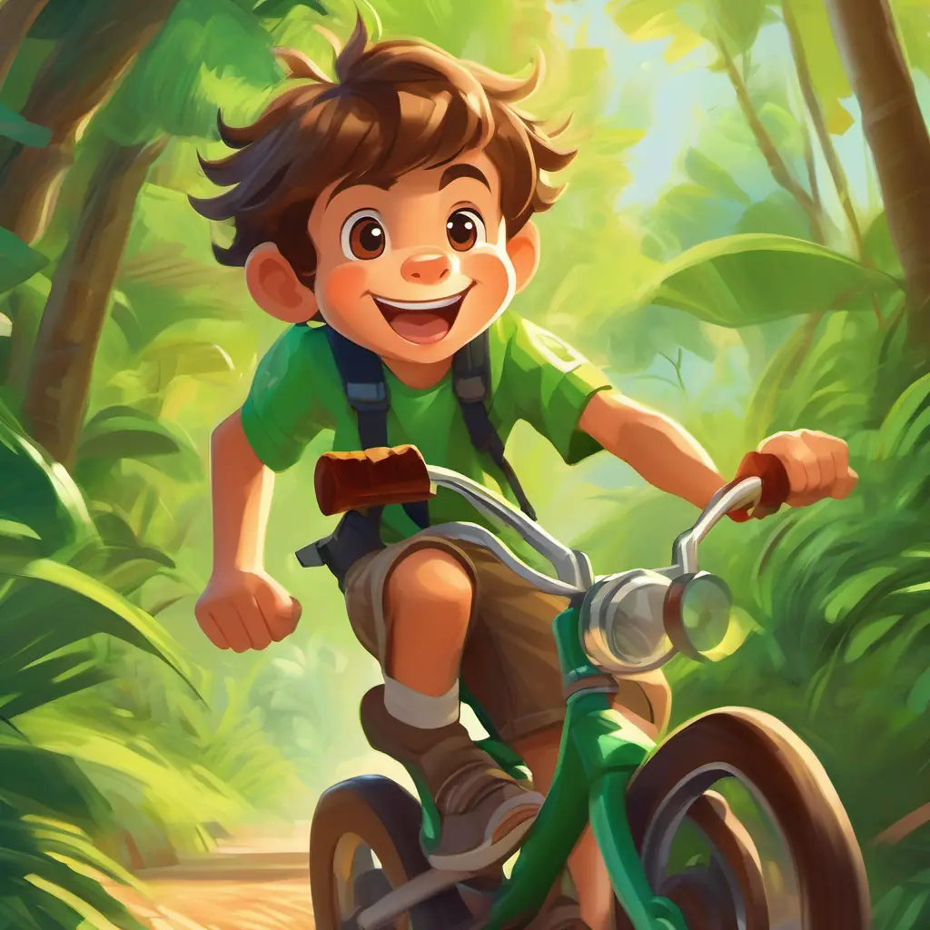 Energetic boy, brown hair, bright green eyes, always smiling racing a monkey, showing his speed and energy