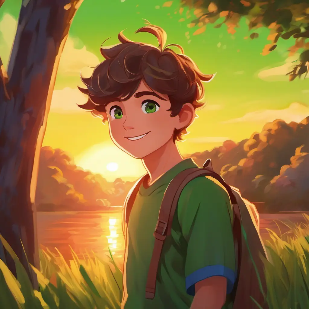 Sunset scene, Energetic boy, brown hair, bright green eyes, always smiling sharing stories with friends, happy and proud