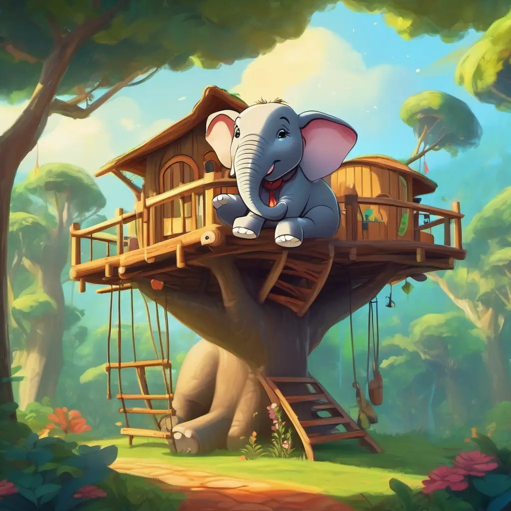 Rumble sound, playful elephant inviting for a party in a treehouse