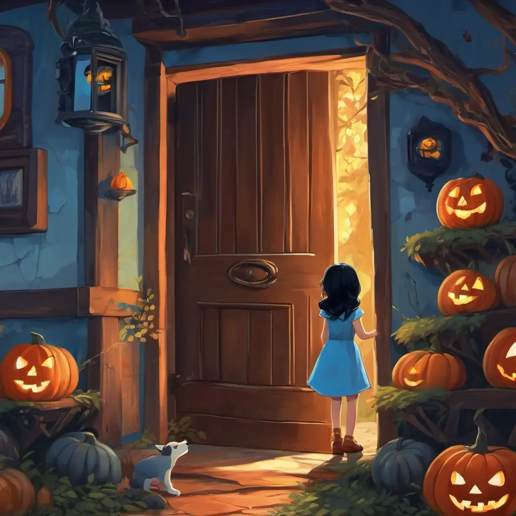 Brave, curious girl with black hair and blue eyes exploring her house, with hidden door behind wallpaper