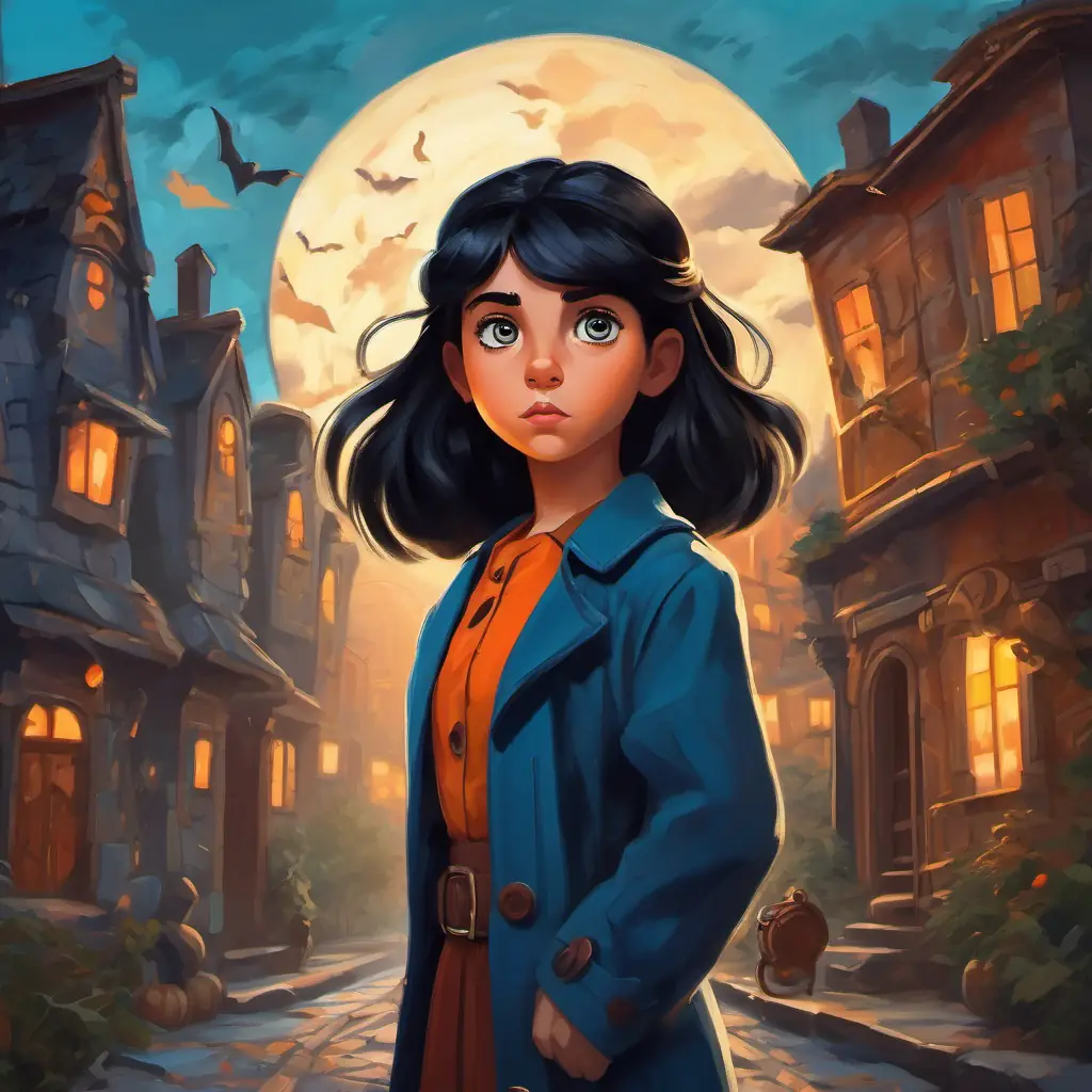 Brave, curious girl with black hair and blue eyes on a mission to save her parents, confronting the Sinister woman with button eyes in the Other World