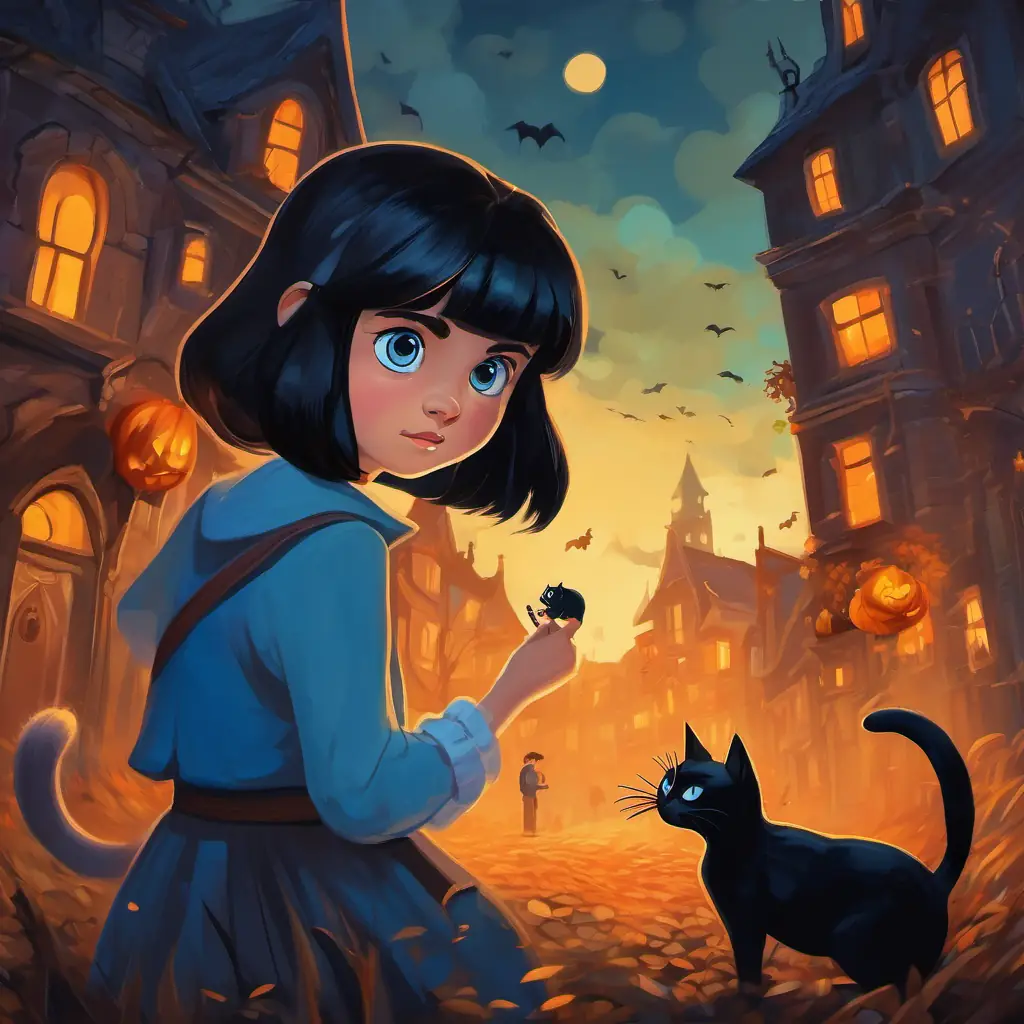 Brave, curious girl with black hair and blue eyes confronting the Sinister woman with button eyes in the Other World, with the help of the talking cat