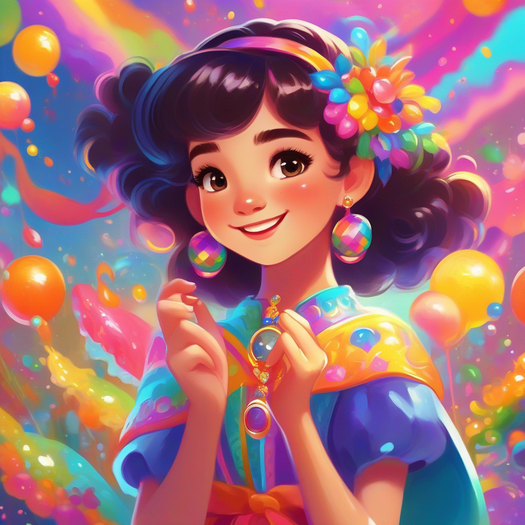 كرتونية is a cheerful girl wearing a colorful dress and matching hair accessories holding a shiny magic bracelet, surrounded by bright colors
