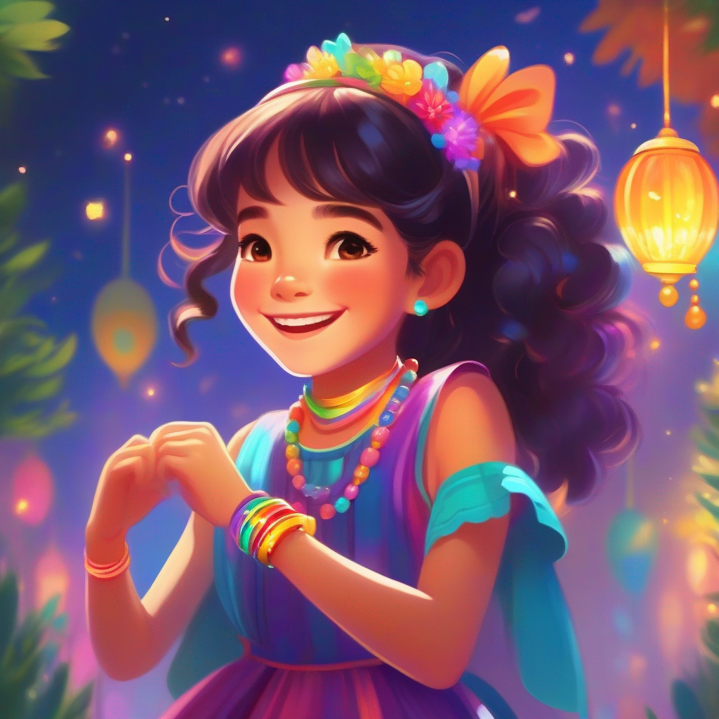 كرتونية is a cheerful girl wearing a colorful dress and matching hair accessories smiling with the magic bracelet glowing on her wrist