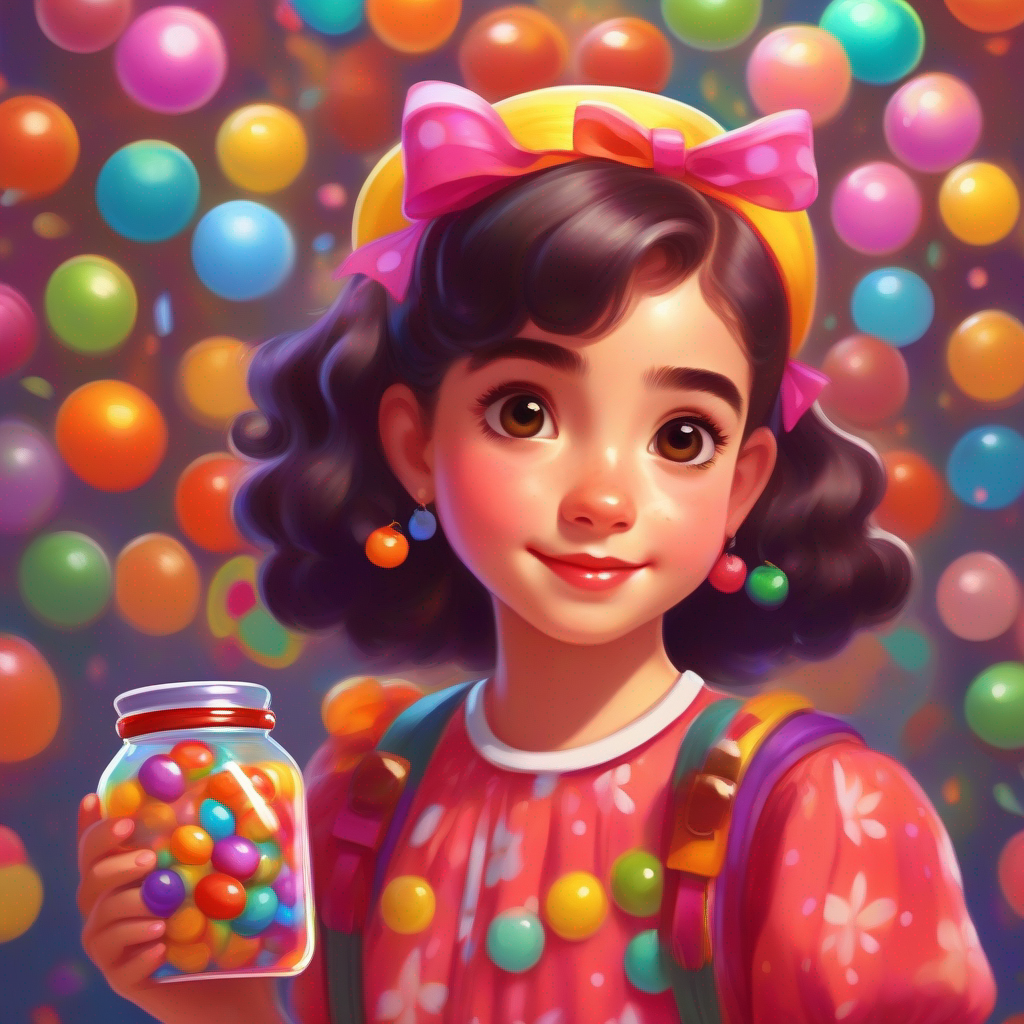 كرتونية is a cheerful girl wearing a colorful dress and matching hair accessories looking disappointed while holding a jar of candies