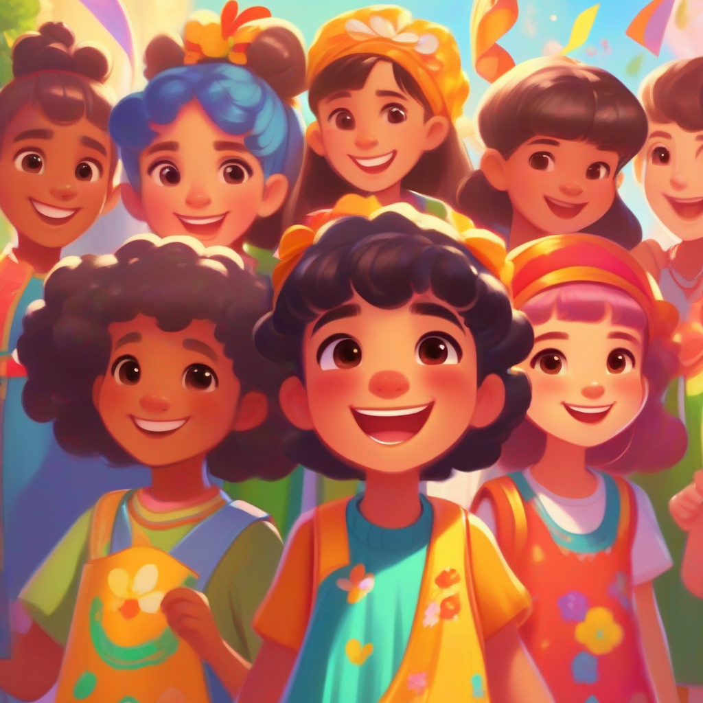 كرتونية is a cheerful girl wearing a colorful dress and matching hair accessories and her كرتونية's friends are kind and diverse, wearing vibrant clothes holding a banner that says 'Choose Honesty!'