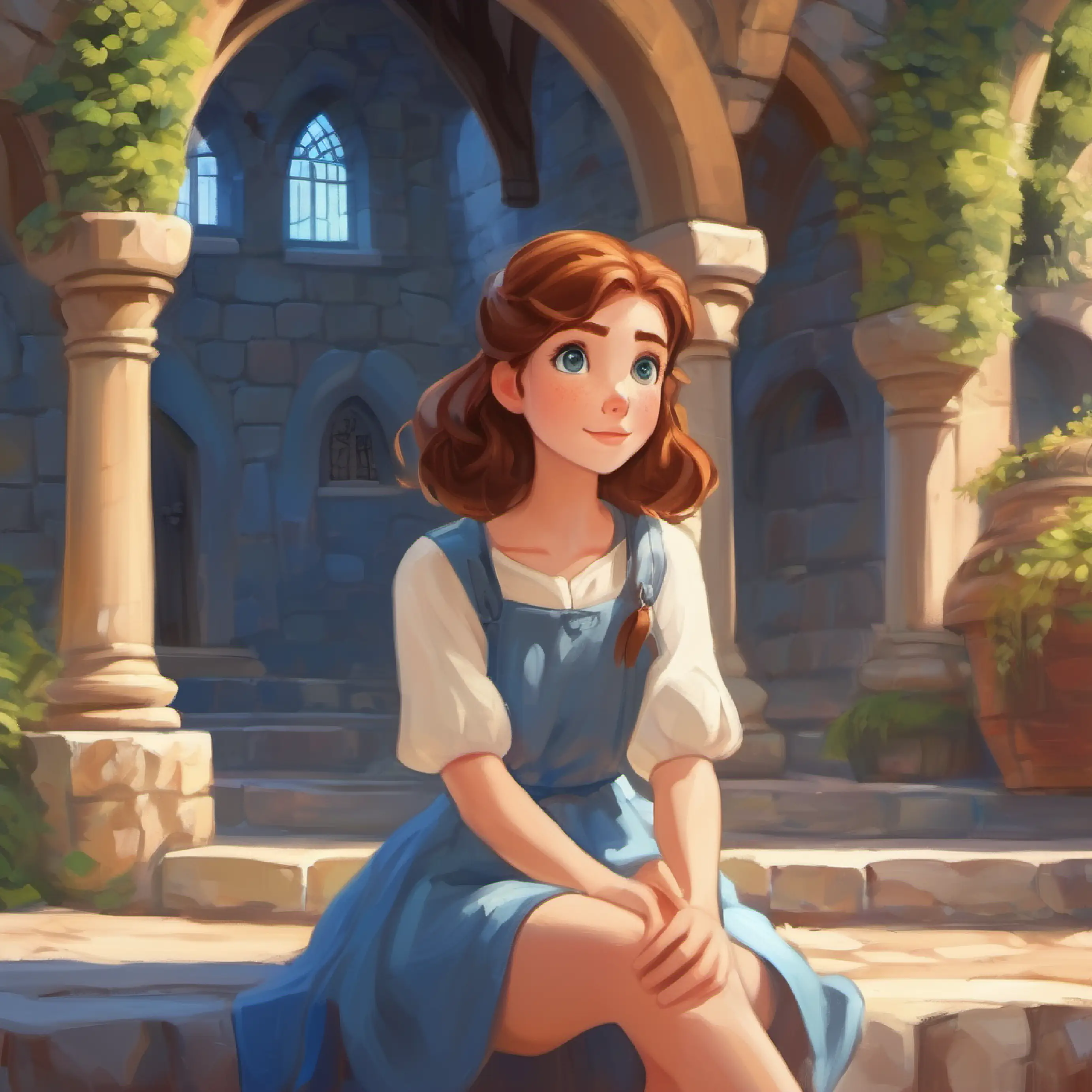 Introduction of Bright blue eyes, thoughtful freckles, inside the castle courtyard