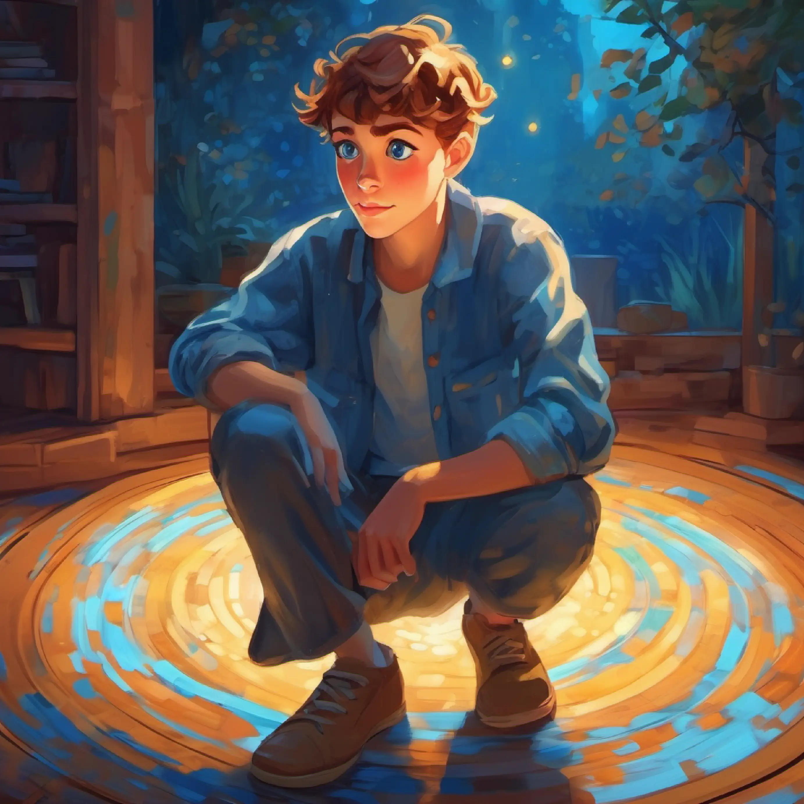 Bright blue eyes, thoughtful freckles steps on the circle, floor lights up