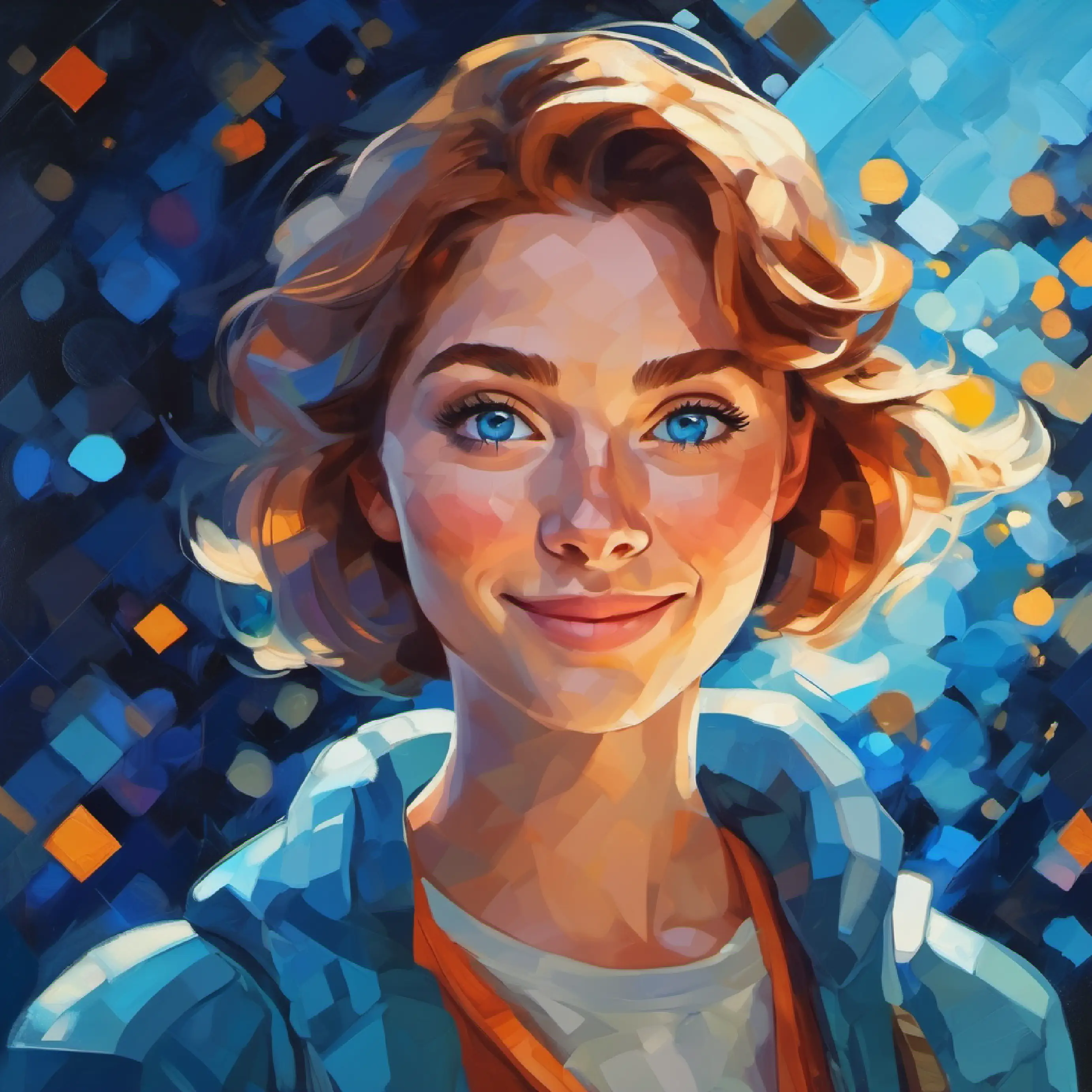 Geometric art painting appears, Bright blue eyes, thoughtful freckles smiling, completing her adventure
