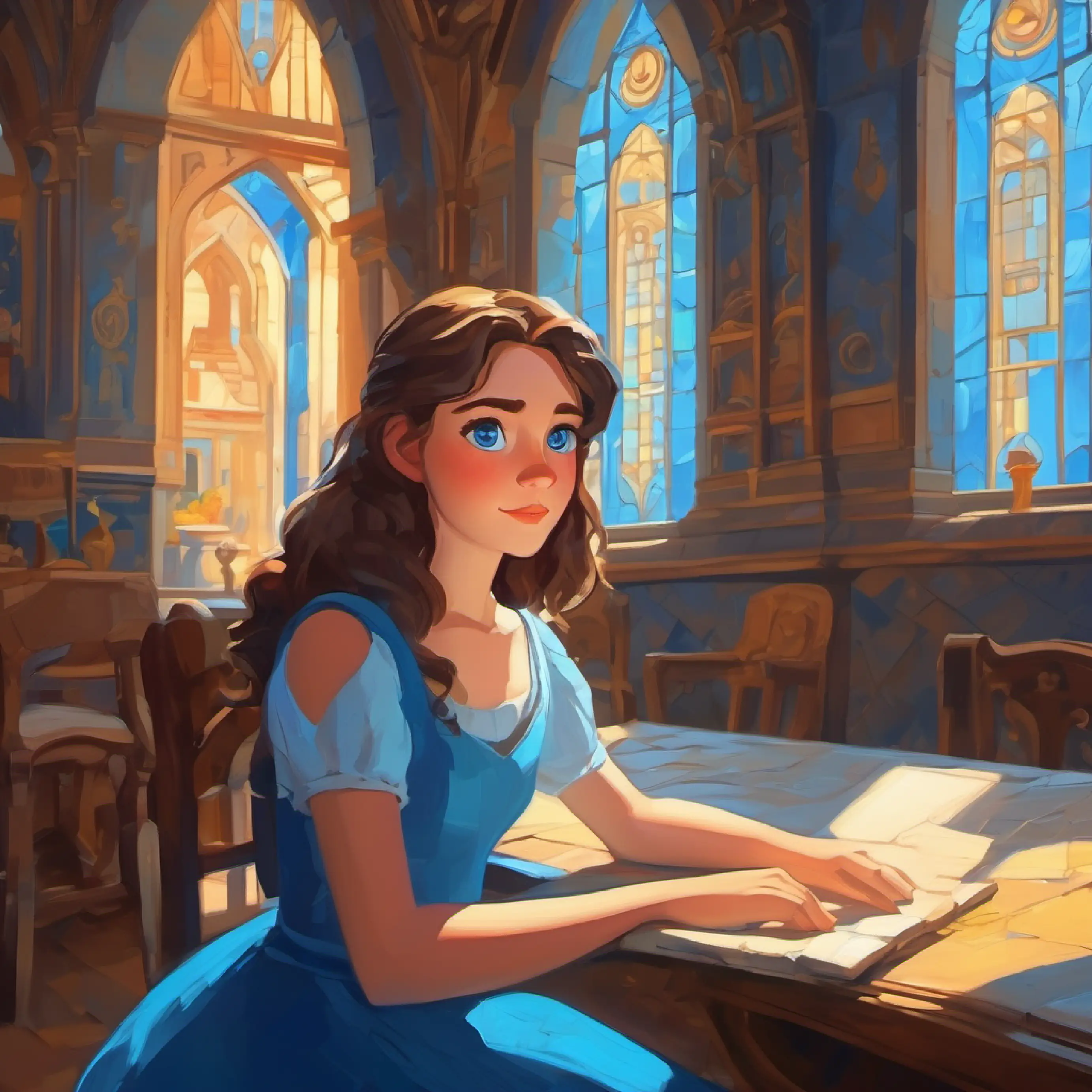 Bright blue eyes, thoughtful freckles in the castle hall, walls covered in shapes