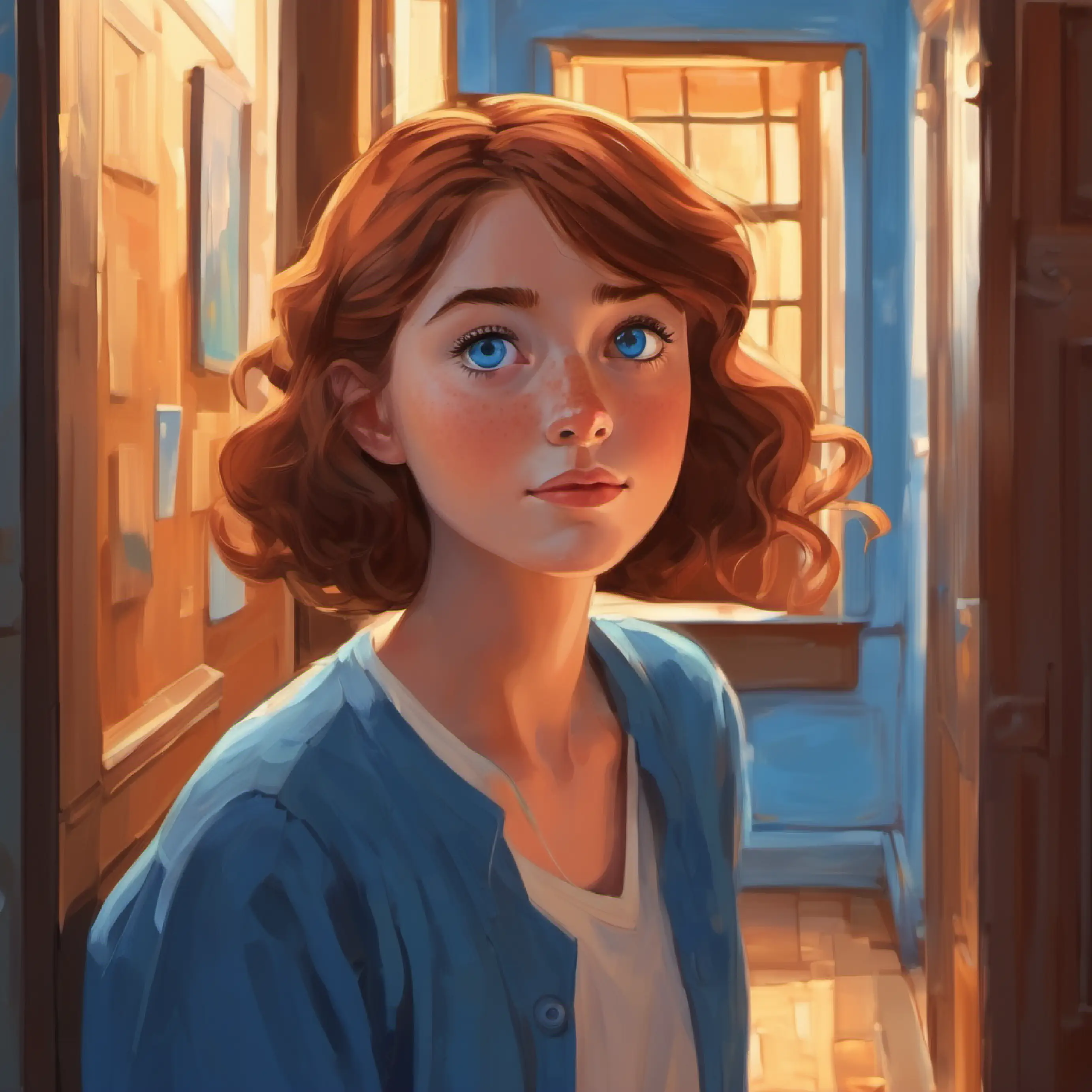 The shapes start talking to Bright blue eyes, thoughtful freckles, hallway scene