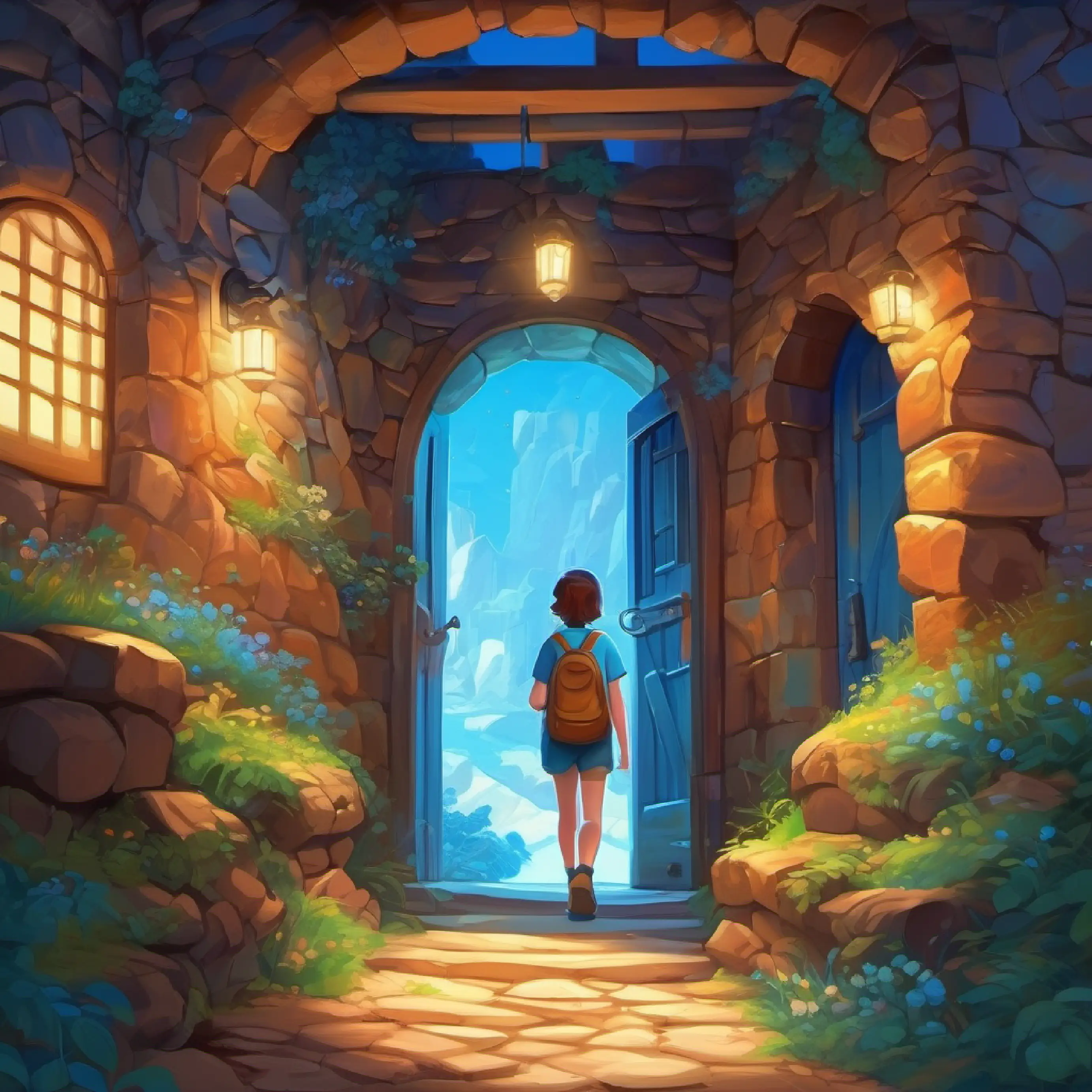 Secret passage filled with number puzzles, Bright blue eyes, thoughtful freckles walks inside