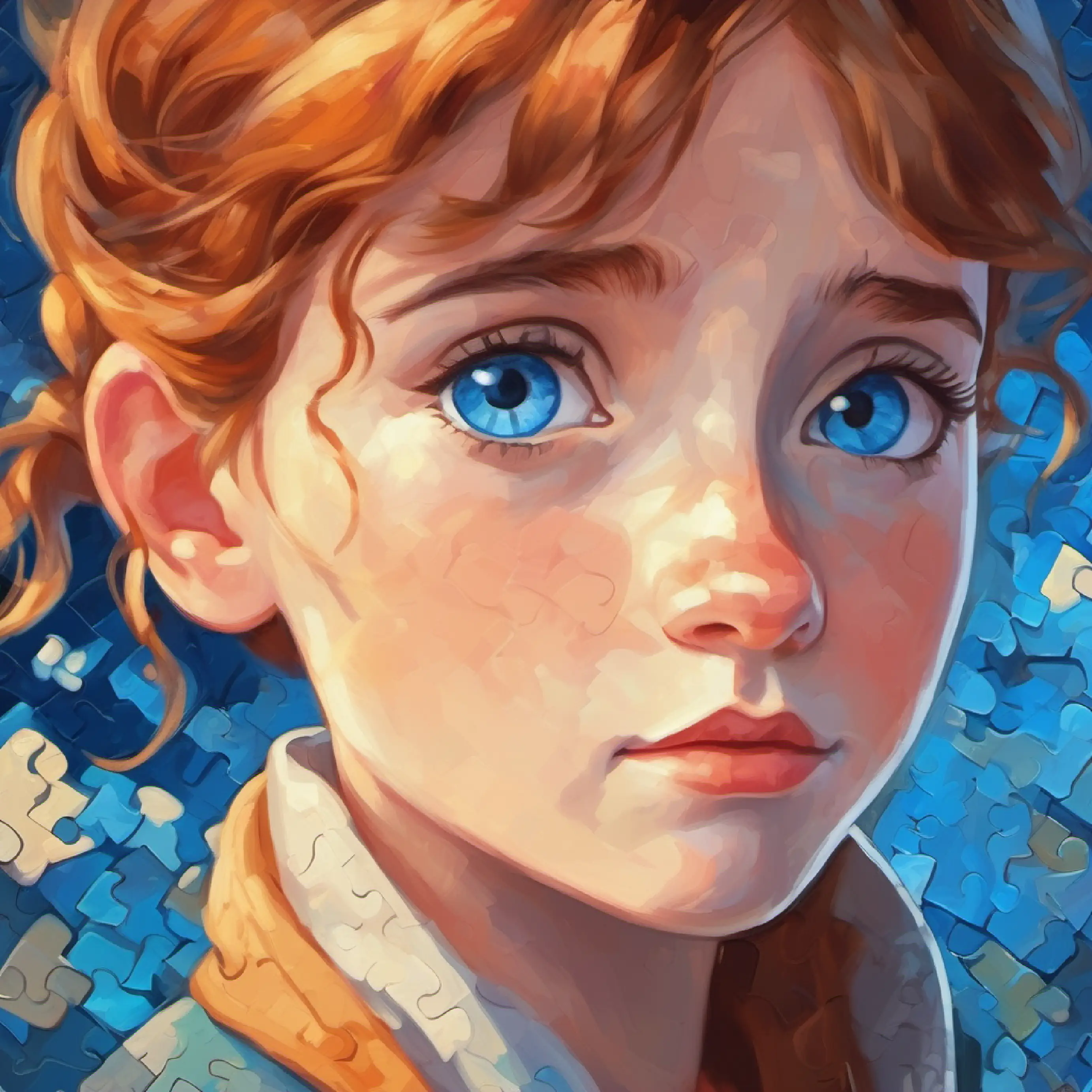 Close-up of number puzzle, Bright blue eyes, thoughtful freckles thinking