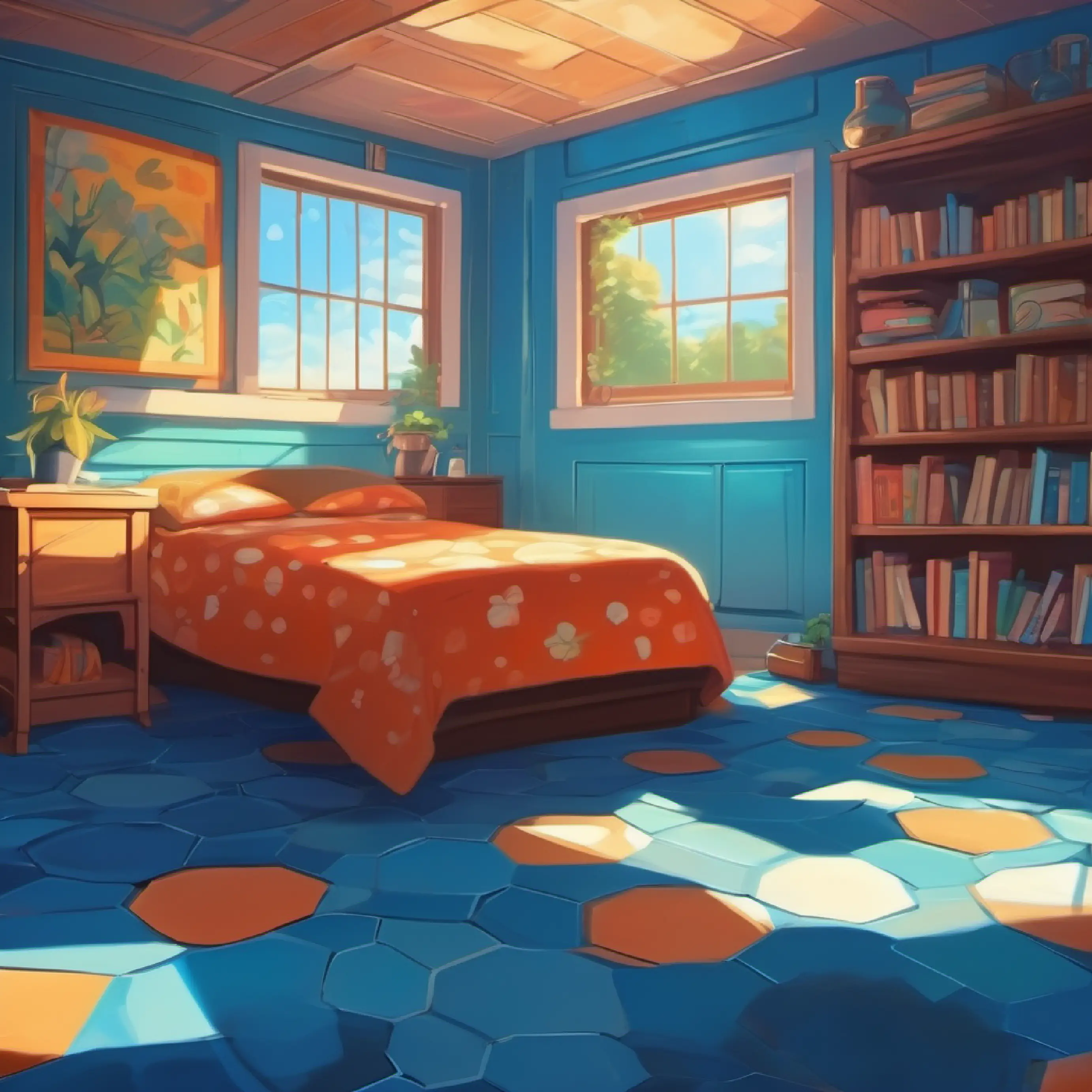 New room with shape patterns on the floor, Bright blue eyes, thoughtful freckles amazed