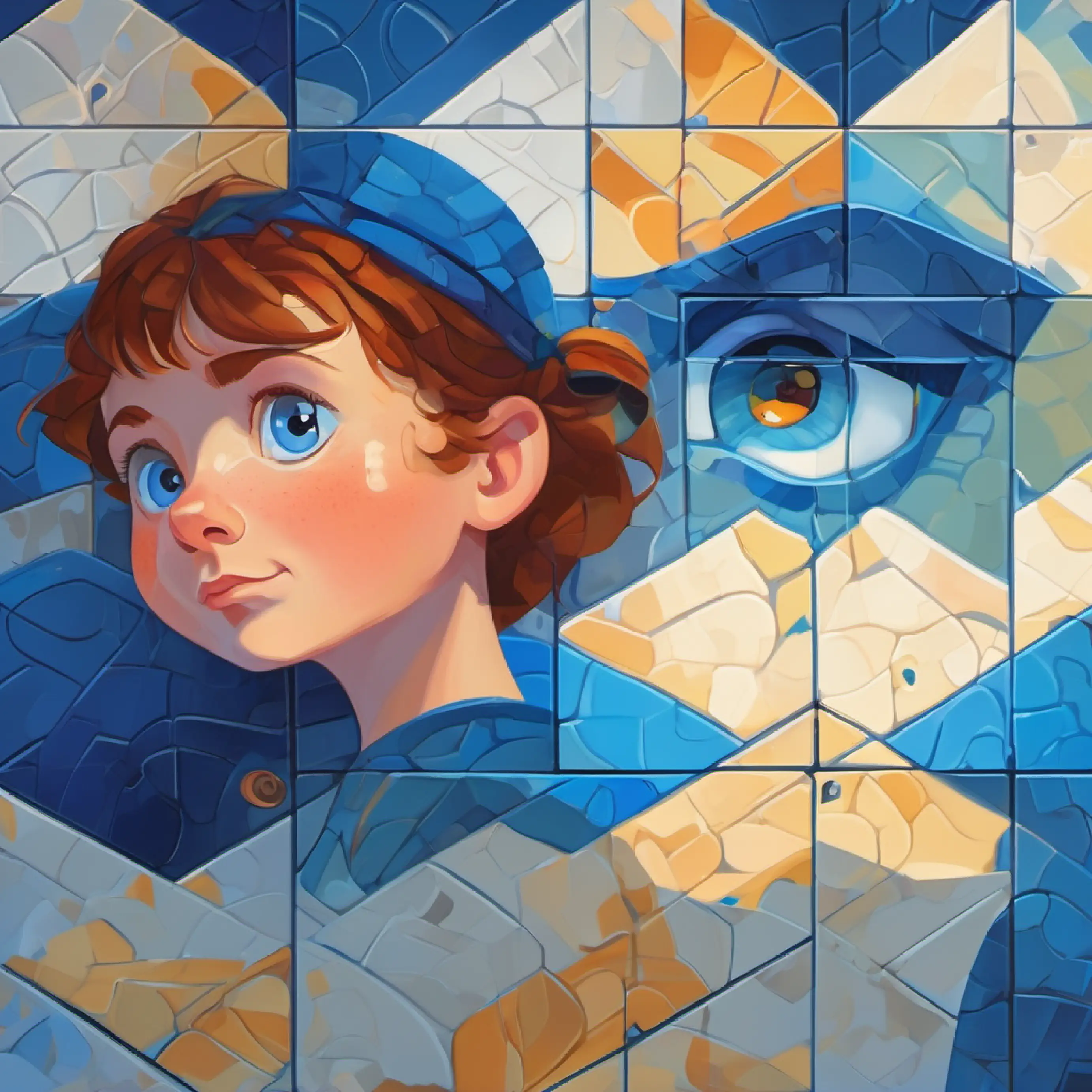 Bright blue eyes, thoughtful freckles in front of a tile puzzle, looking at shapes