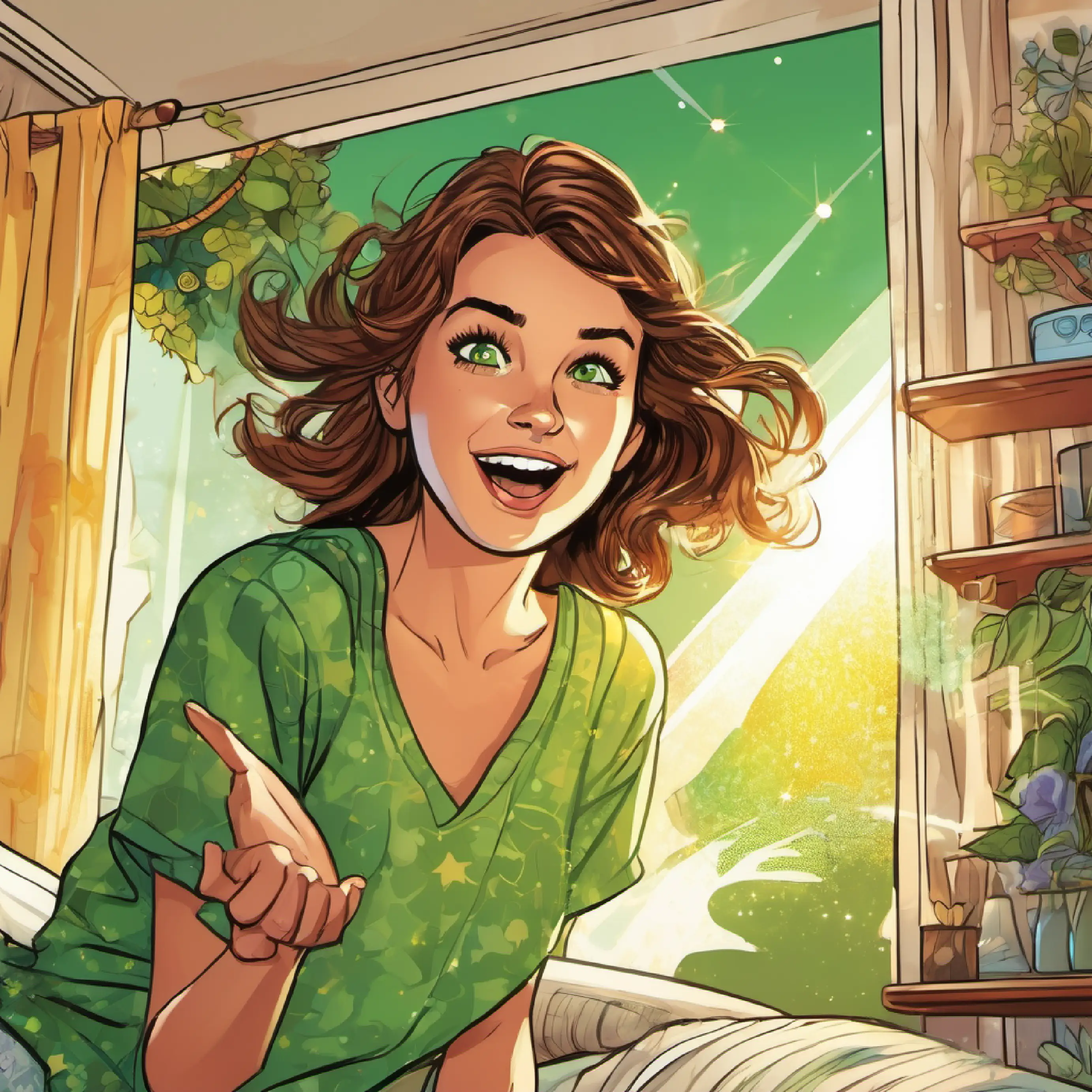 Curious, energetic girl with brown hair and sparkling green eyes wakes, excited; a sunny morning in her bedroom.