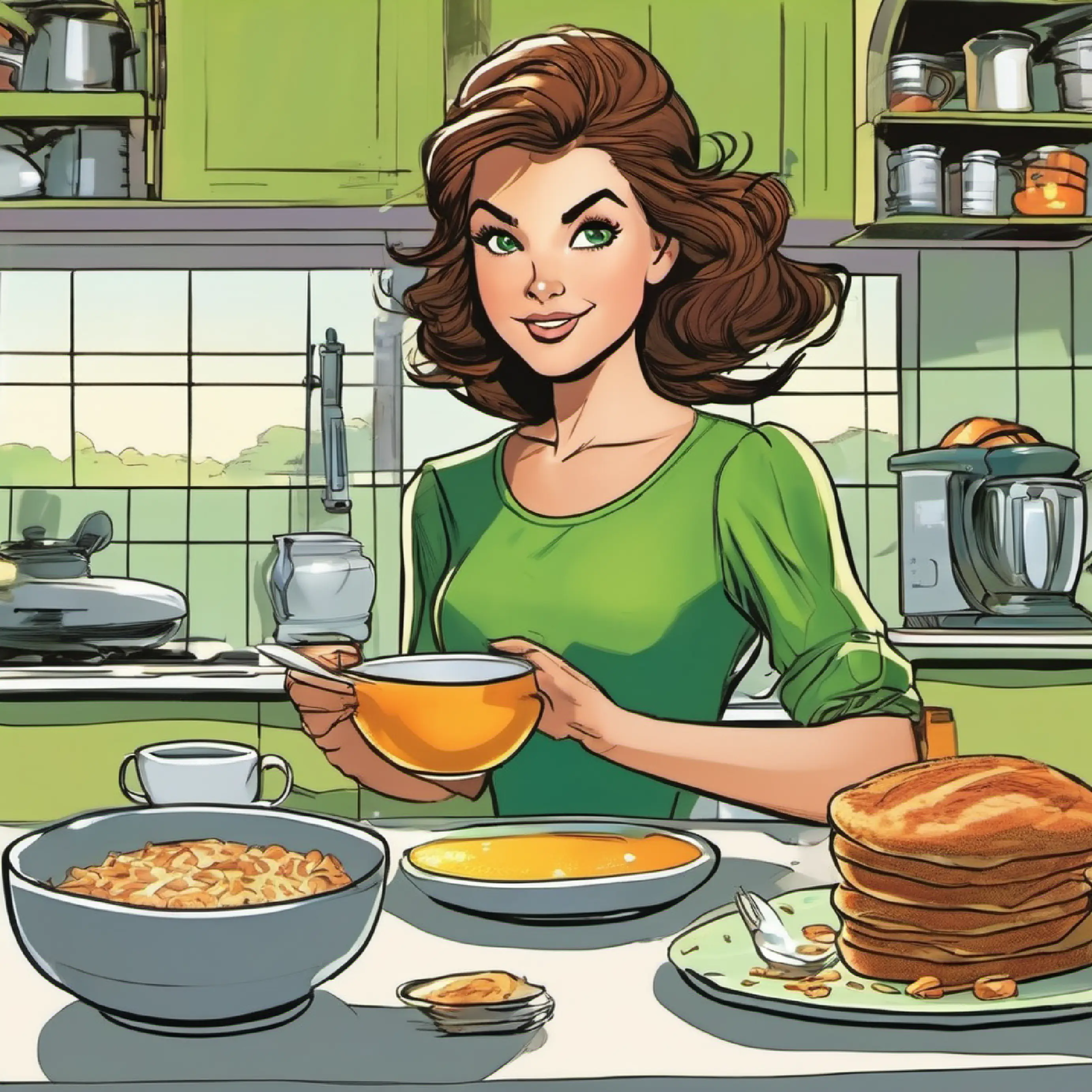 Curious, energetic girl with brown hair and sparkling green eyes prepares breakfast, a bit clumsily but with good intentions.