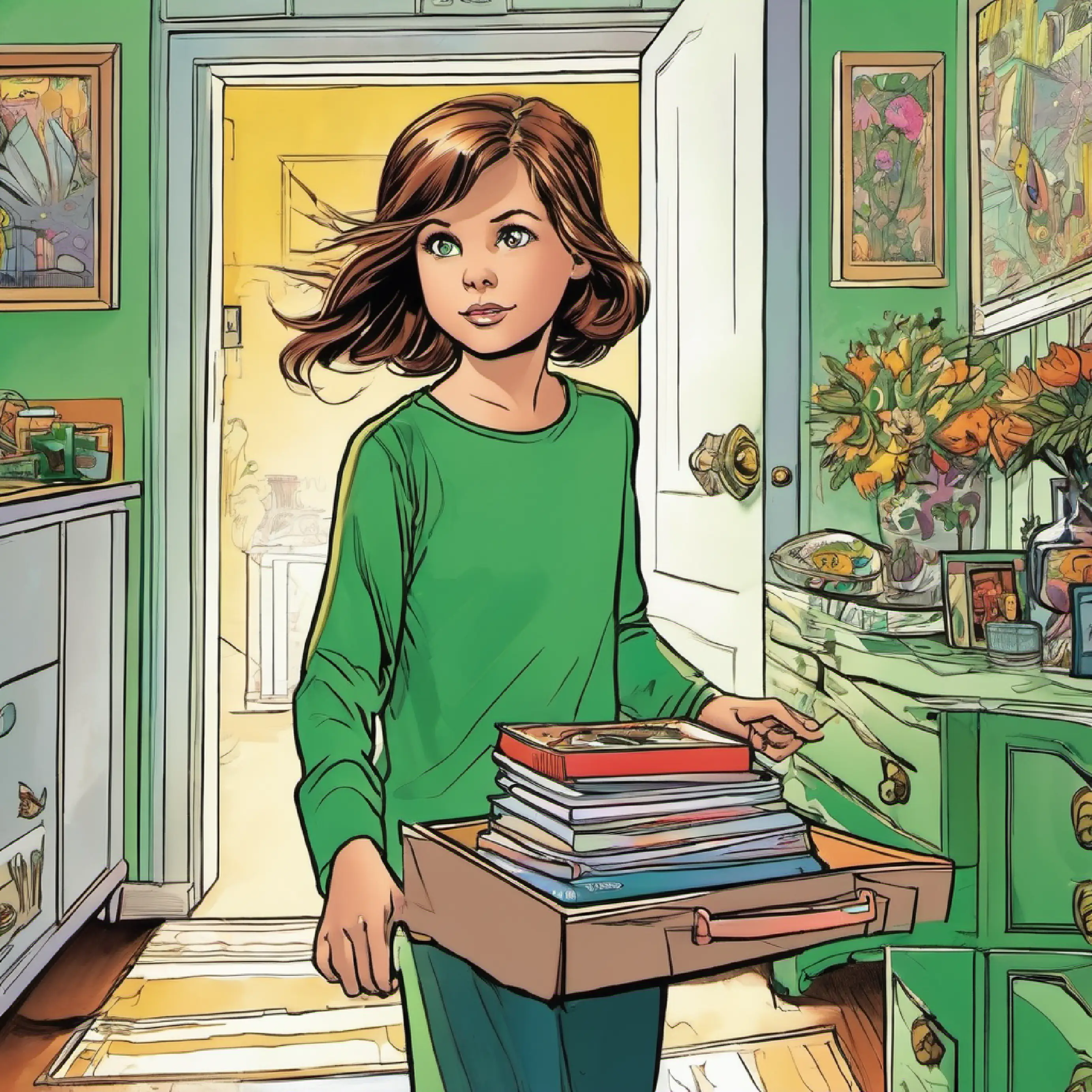 Curious, energetic girl with brown hair and sparkling green eyes cautiously navigates towards her mom's room with the tray.