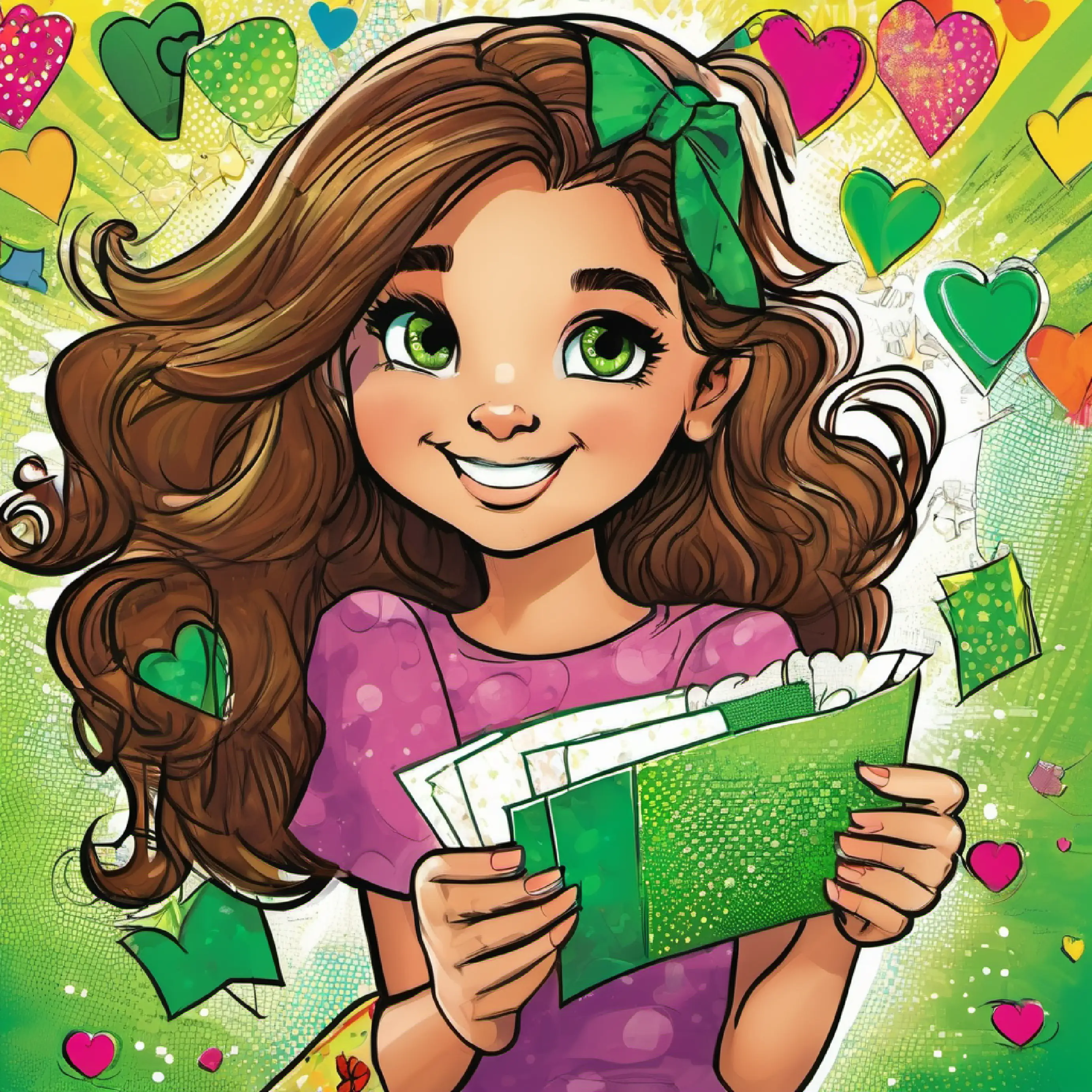 Curious, energetic girl with brown hair and sparkling green eyes presents her handmade card; words of love and appreciation.