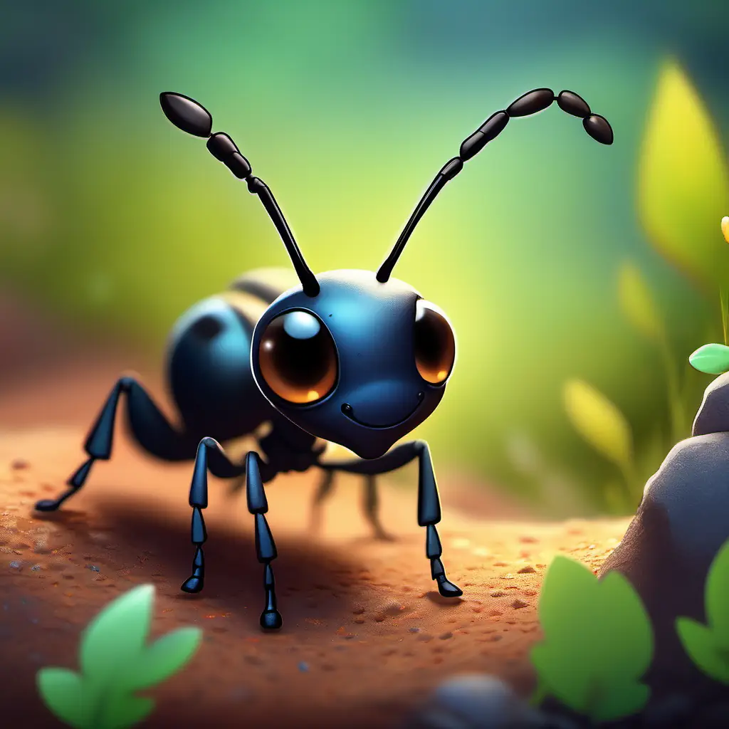 Small ant, black exoskeleton, curious eyes, friendly smile returning to her hole, content with her day.