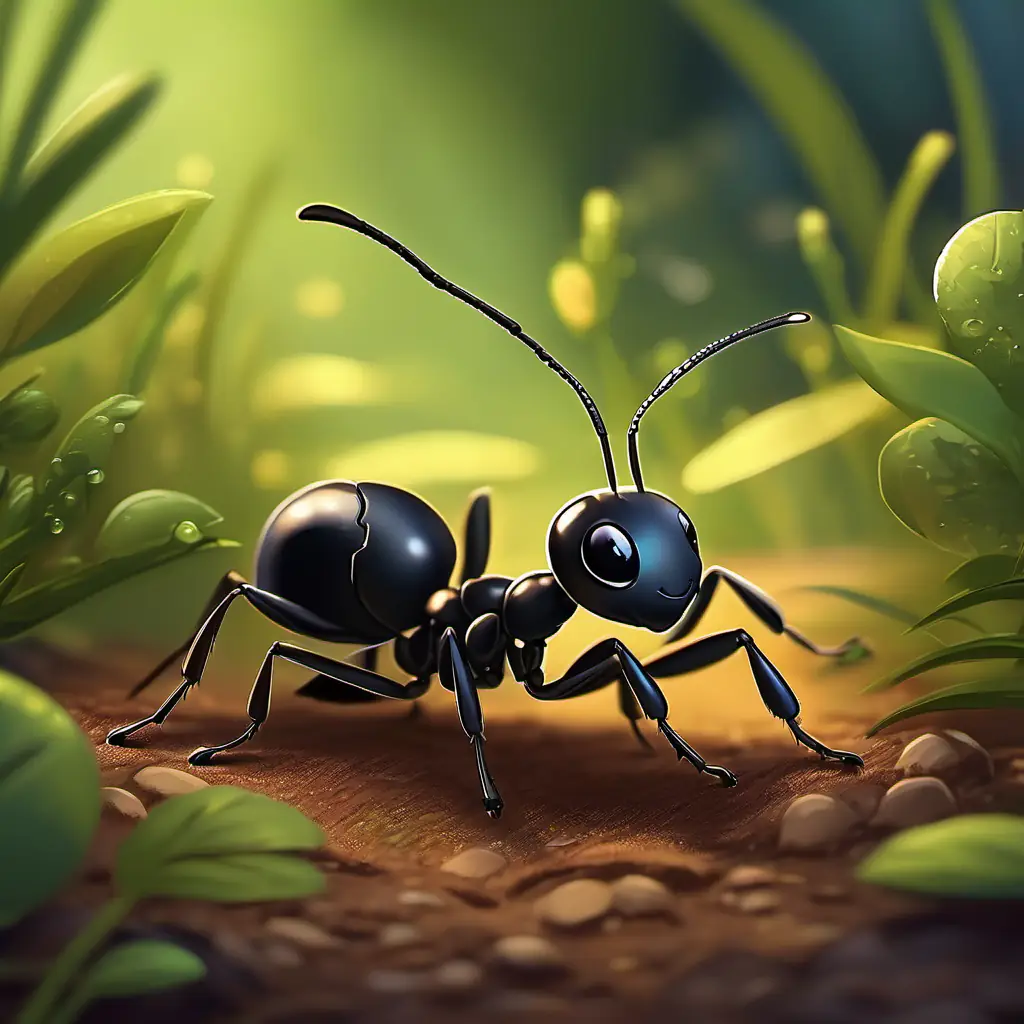 Small ant, black exoskeleton, curious eyes, friendly smile sharing her story with other ants.