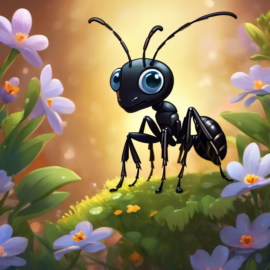 Small ant, black exoskeleton, curious eyes, friendly smile among the flowers, showing scale.