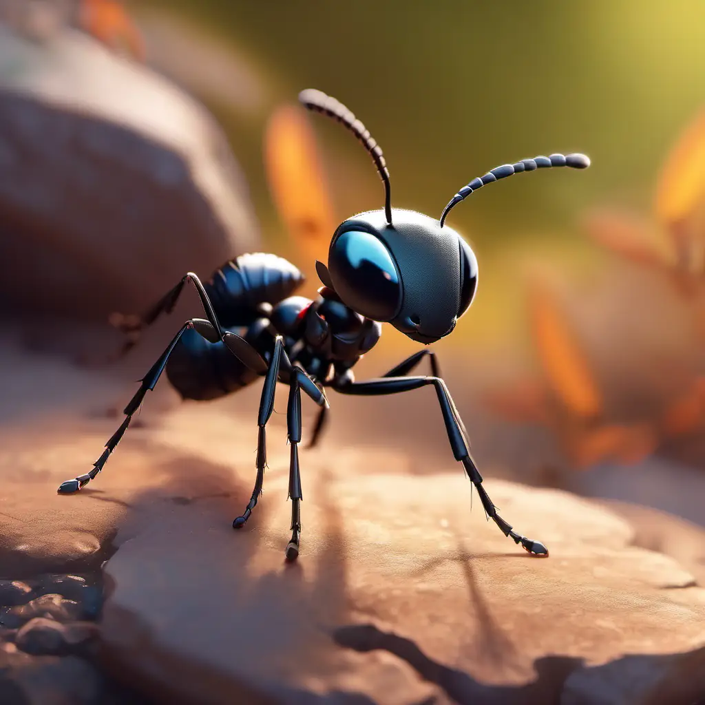 Small ant, black exoskeleton, curious eyes, friendly smile ready for adventure, looking determined.