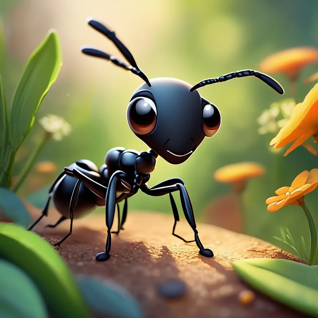 Small ant, black exoskeleton, curious eyes, friendly smile on her journey through the garden terrain.