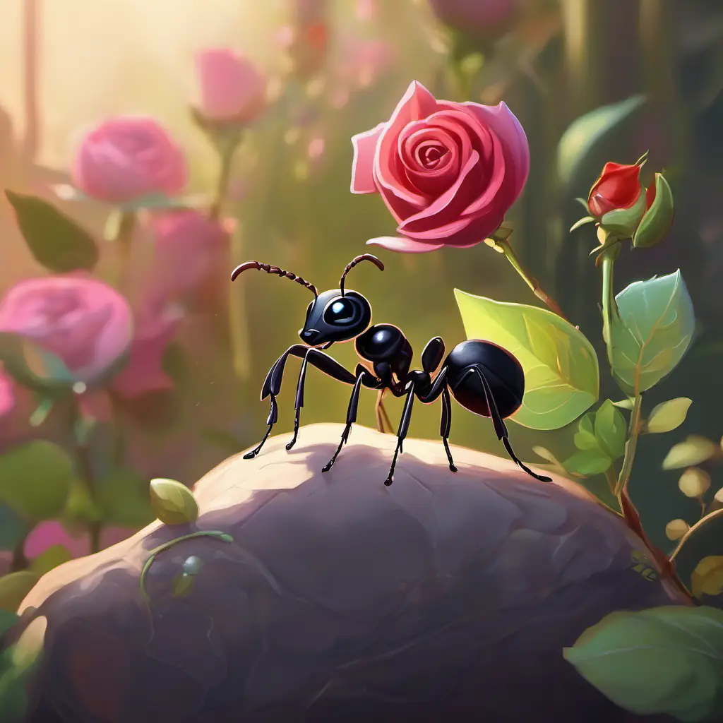 Small ant, black exoskeleton, curious eyes, friendly smile discovering a stunning rose.