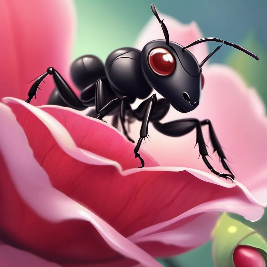 Close-up of Small ant, black exoskeleton, curious eyes, friendly smile on rose petal, exploring textures.