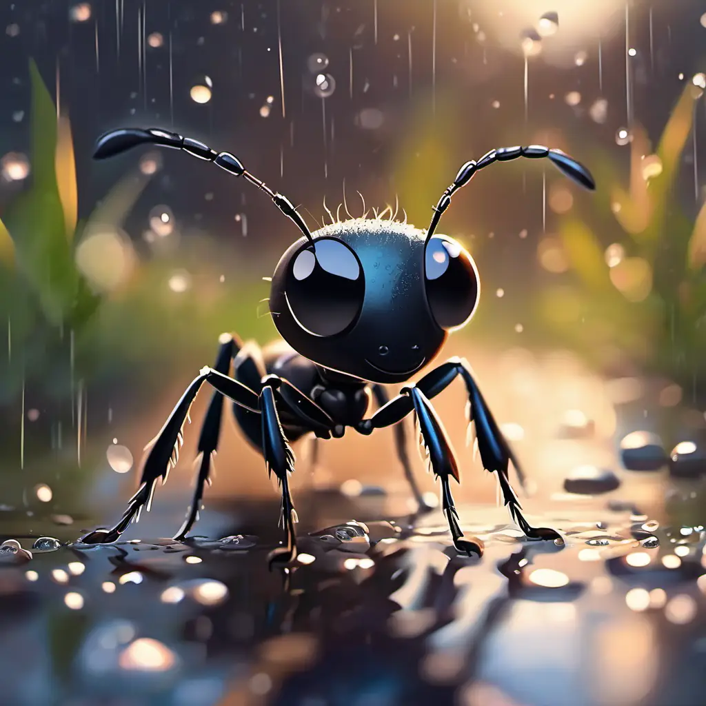 Small ant, black exoskeleton, curious eyes, friendly smile caught in the rain, looking surprised.