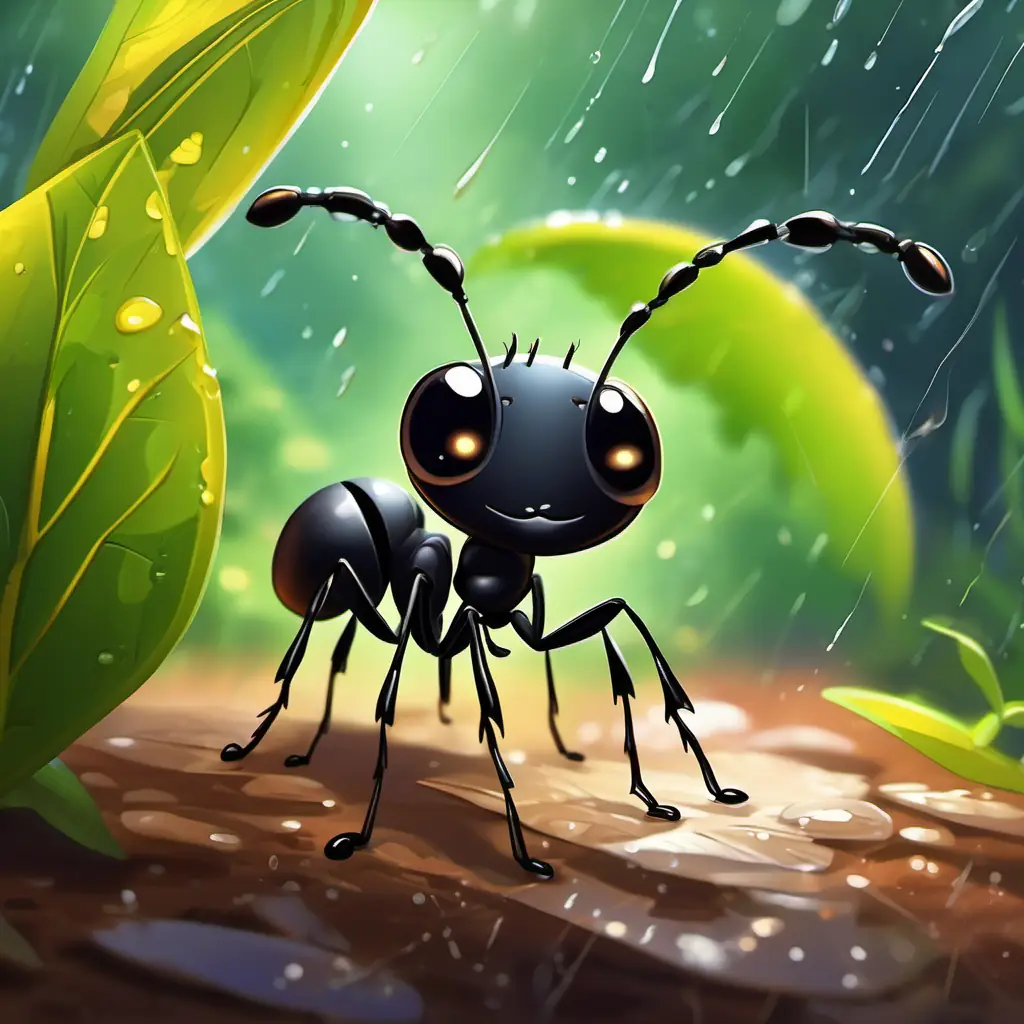 Small ant, black exoskeleton, curious eyes, friendly smile sheltering under a leaf from rain.