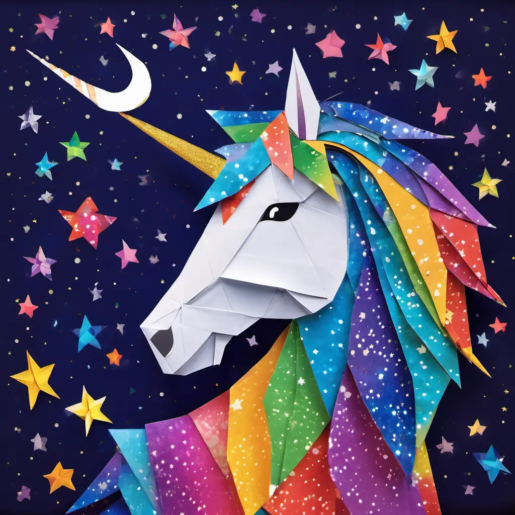 Colorful unicorn with sparkly horn and a big smile the unicorn with colorful mane and a sparkly horn, looking up at the night sky filled with stars
