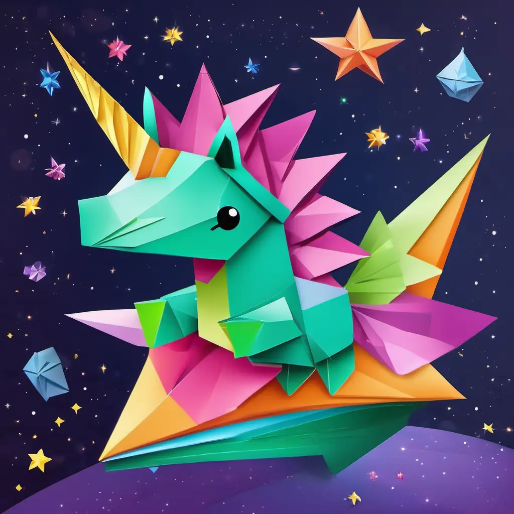 Colorful unicorn with sparkly horn and a big smile in a spaceship surrounded by stars, with Friendly green alien with three eyes floating beside, waving hello