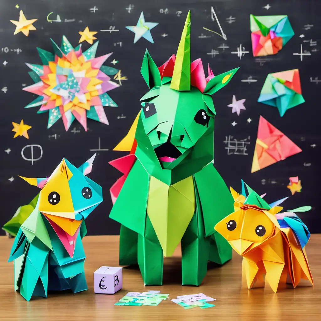 Colorful unicorn with sparkly horn and a big smile and Friendly green alien with three eyes sitting at a table, surrounded by math puzzles and a blackboard with numbers and equations