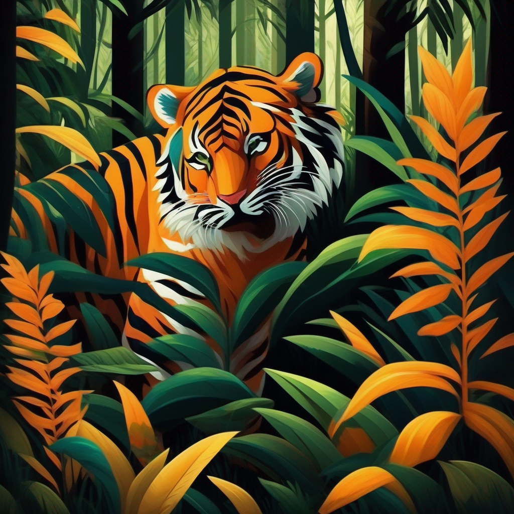 Big and strong tiger with orange fur and black stripes the tiger in the jungle surrounded by trees and animals