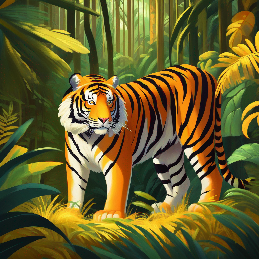 Big and strong tiger with orange fur and black stripes finding a shiny golden necklace in the jungle
