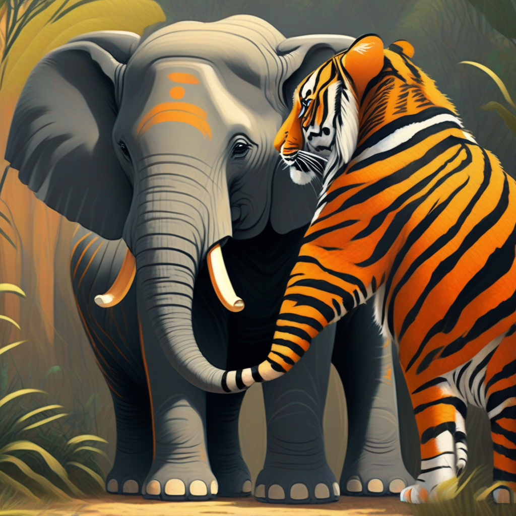Wise elephant with gray skin and a kind expression the elephant talking to Big and strong tiger with orange fur and black stripes about honesty