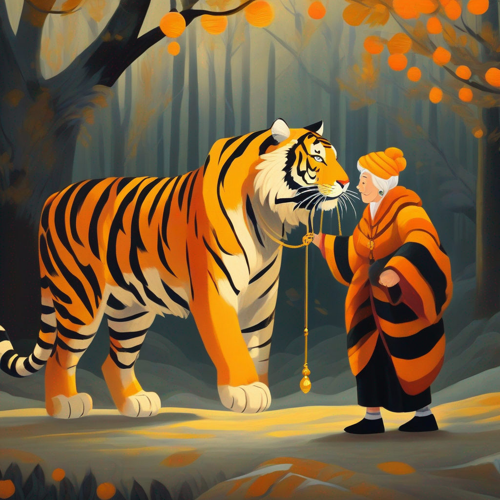 Big and strong tiger with orange fur and black stripes returning the golden necklace to the old woman