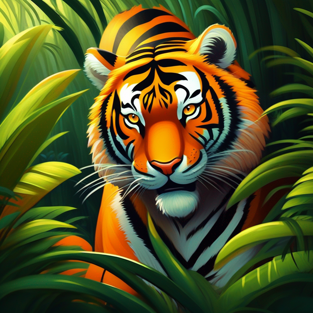 Big and strong tiger with orange fur and black stripes and his friends in the jungle, smiling together