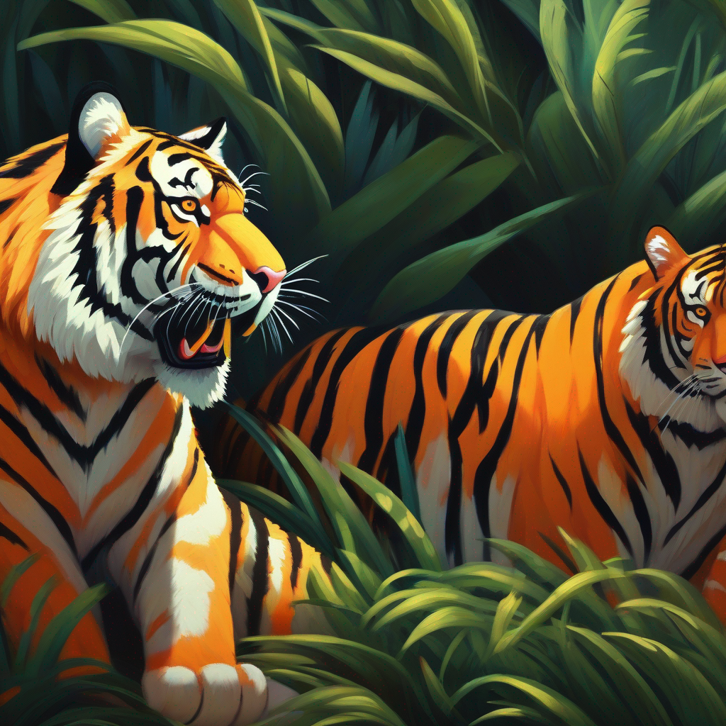 Big and strong tiger with orange fur and black stripes being admired by his friends for his honesty