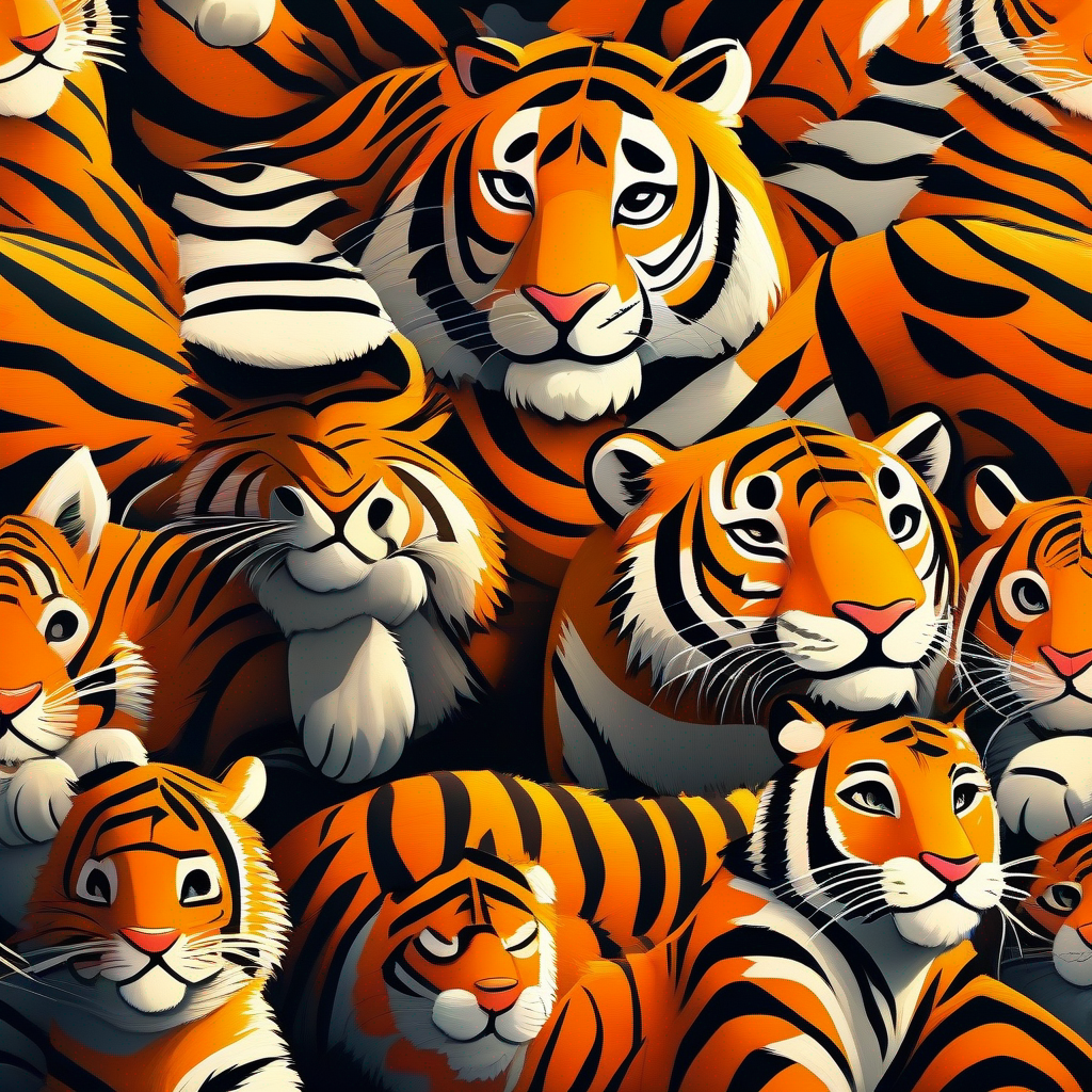 Big and strong tiger with orange fur and black stripes surrounded by his friends, all happy and smiling