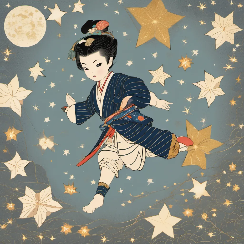 A playful boy poised for tap dancing, with a mischievous glint in his eyes, surrounded by twinkling stars.