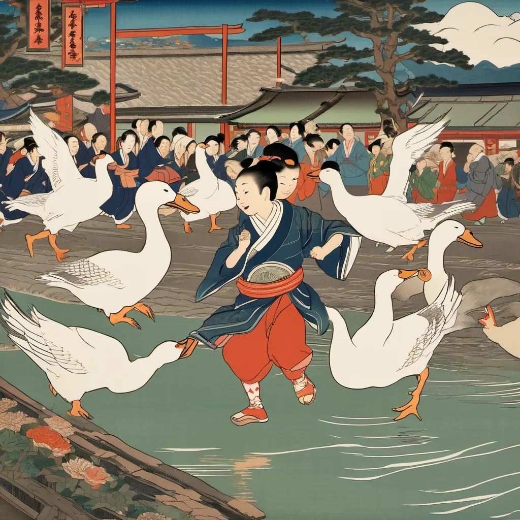 A joyful scene of the little boy and the goose dancing together with happiness among a cheering town crowd.