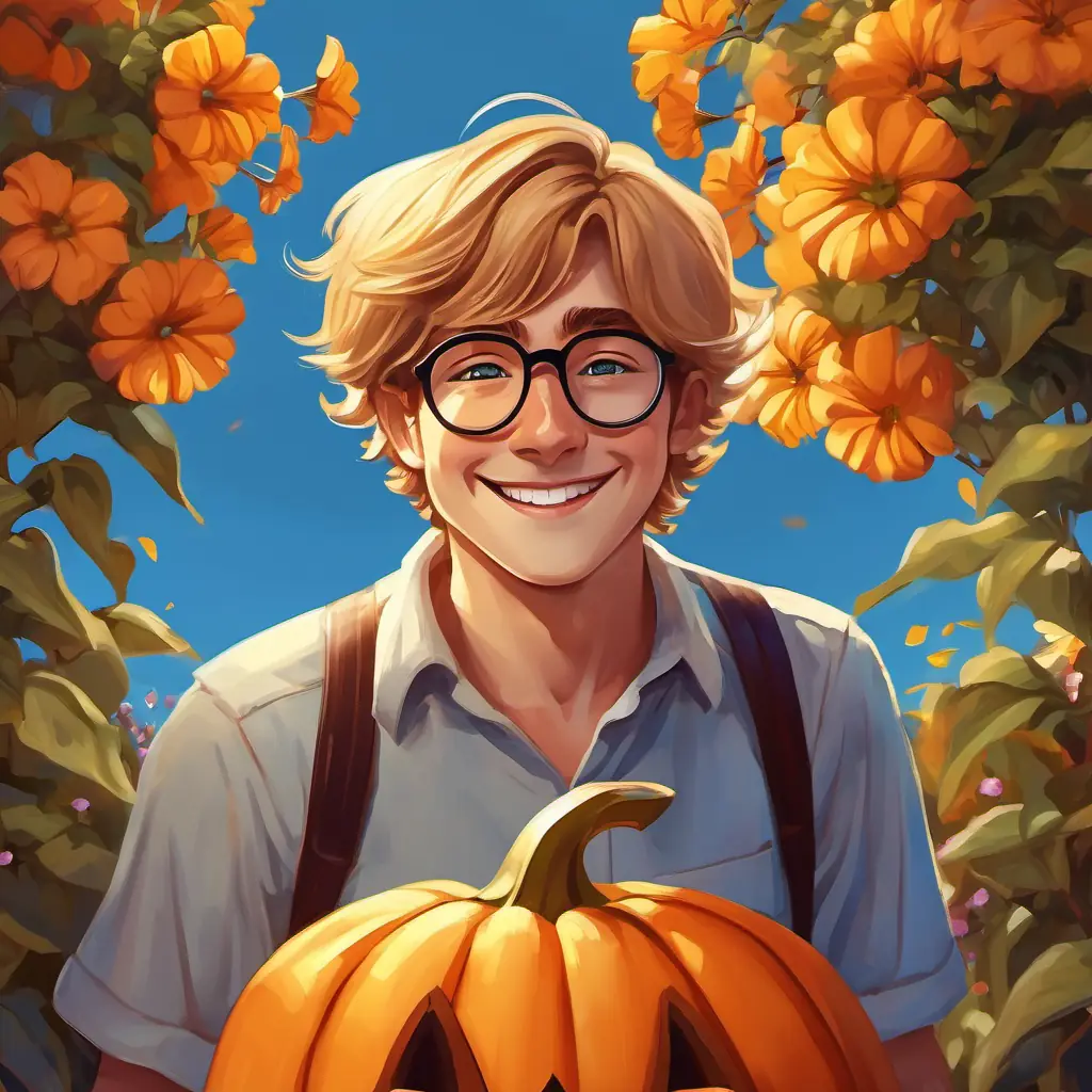 In the backyard under the bright blue sky, Golden hair, blue eyes, big smile, cheerful and playful with his golden hair and Brown hair, glasses, warm smile, cuddly and caring with brown hair and glasses planted pretty petunias.