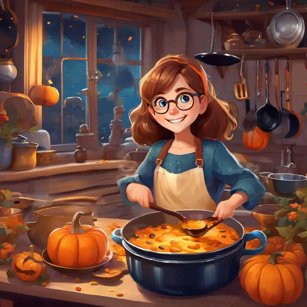 Inside the cozy kitchen, Brown hair, glasses, warm smile, cuddly and caring and Golden hair, blue eyes, big smile, cheerful and playful made music with pots, pans, and plucky spoons.