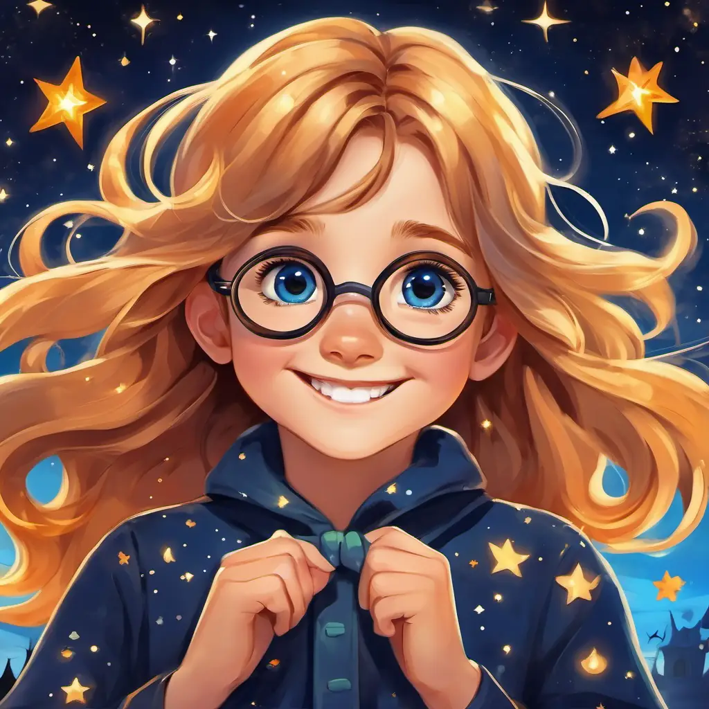 Underneath the starry sky, Golden hair, blue eyes, big smile, cheerful and playful and Brown hair, glasses, warm smile, cuddly and caring spotted a shimmering star shooting across the sky.