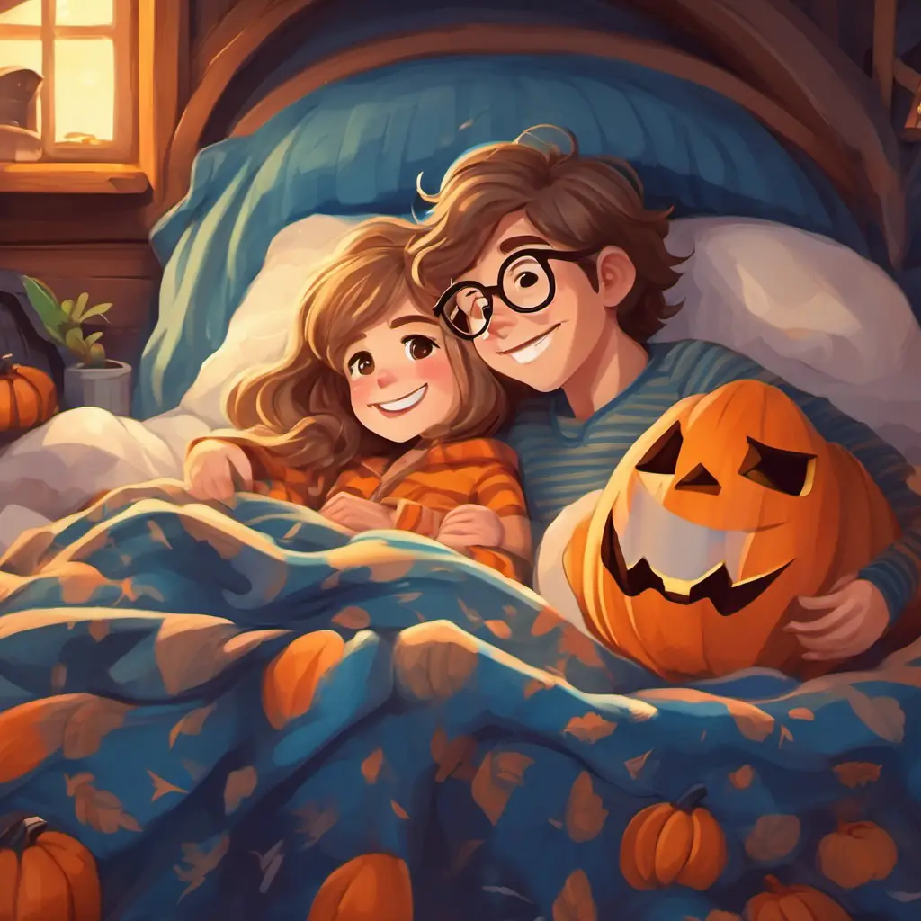 Snuggled in their soft, striped blanket, Golden hair, blue eyes, big smile, cheerful and playful and Brown hair, glasses, warm smile, cuddly and caring sailed off to sleep in the warm, cozy bed.