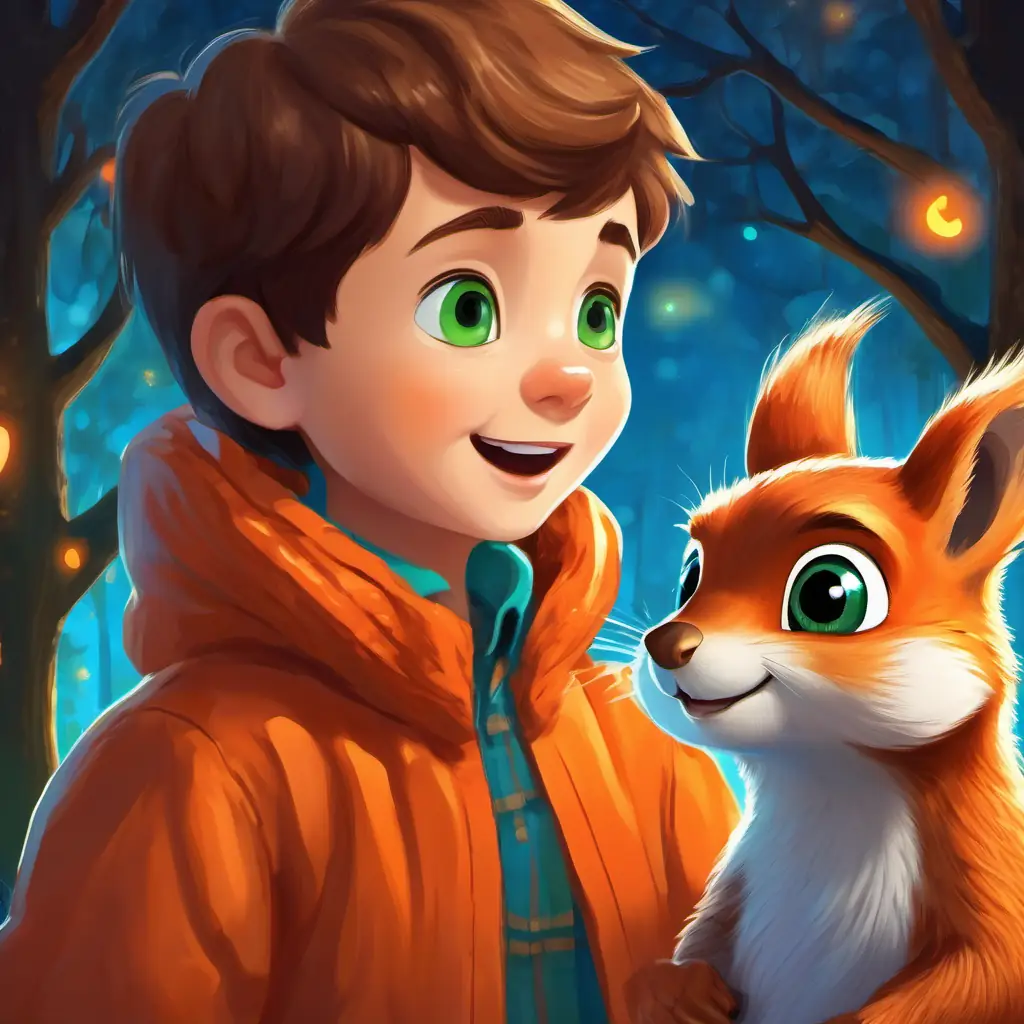 A little boy with brown hair and sparkling green eyes meeting A talking squirrel with bright orange fur and sparkly blue eyes, the talking squirrel, with bright orange fur and sparkly blue eyes.